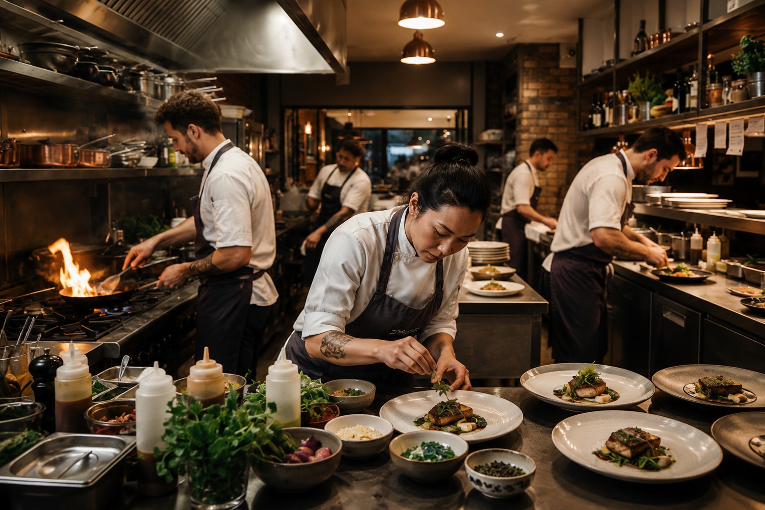 A modern, beautifully lit restaurant kitchen during service, showing chefs working intensely but gracefully.
